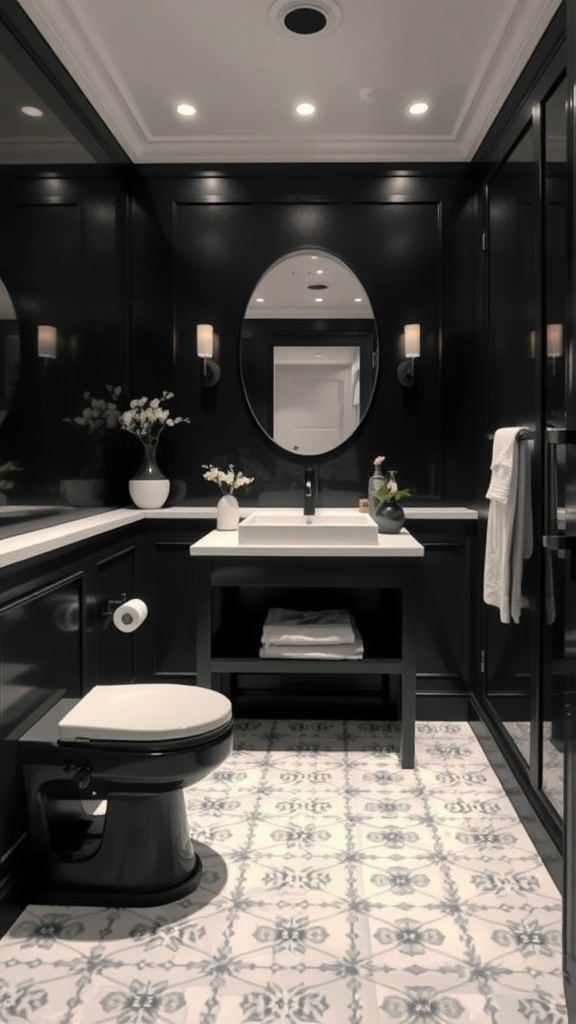 A stylish bathroom featuring classic black cabinetry, a white sink and countertop, patterned floor tiles, and elegant lighting.
