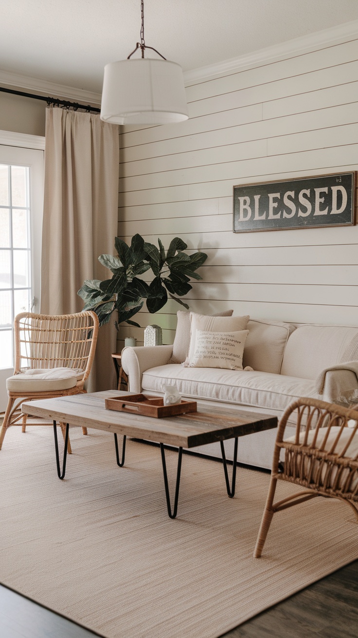 A cozy farmhouse living room with wooden signs, a green wreath, and a comfortable sofa.
