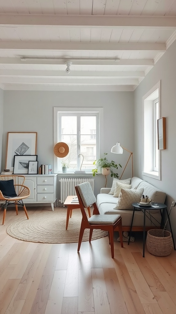 A minimalist Scandinavian inspired living room with light gray walls, wooden beams, a cozy sofa, and natural light.