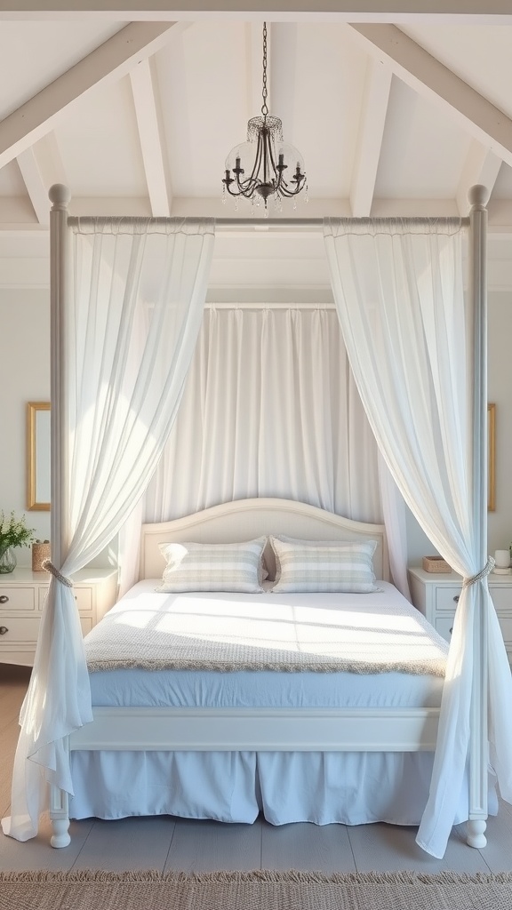 Coastal bedroom with a canopy bed, featuring flowing curtains and a chandelier.