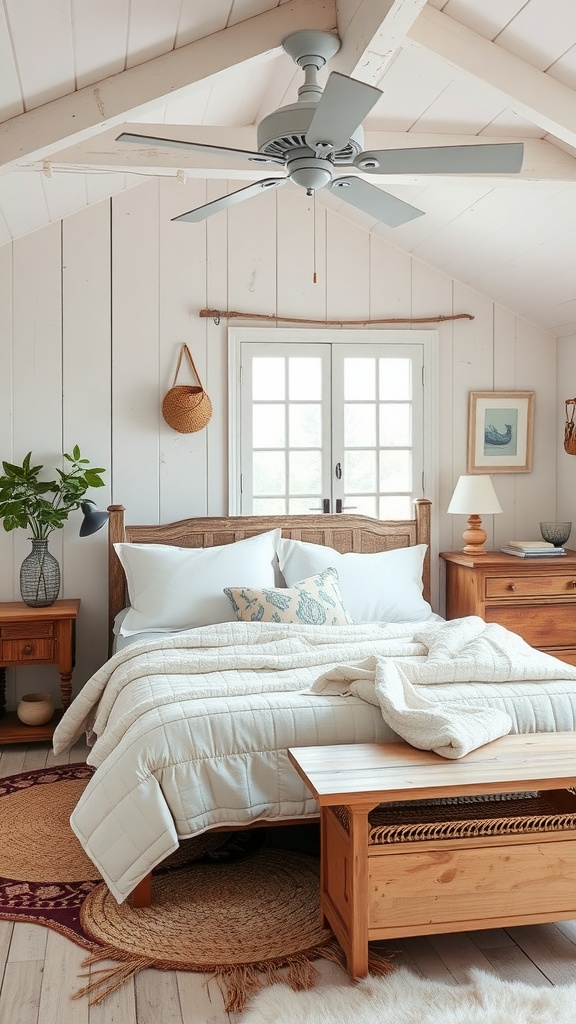 Coastal bedroom with wooden beams, white linens, and natural decor.