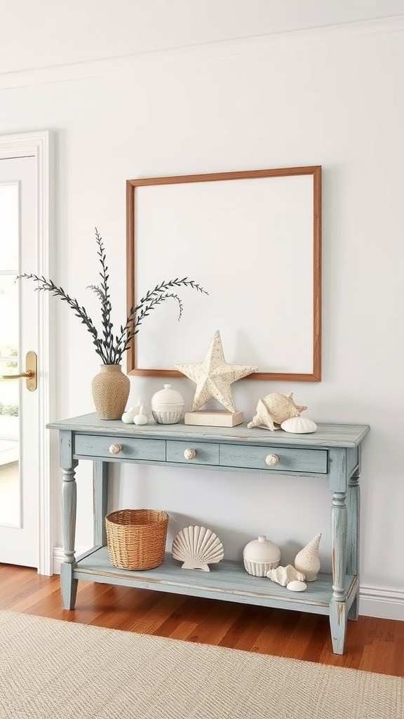 A coastal-inspired console table with a blue finish, decorated with seashells and a starfish.