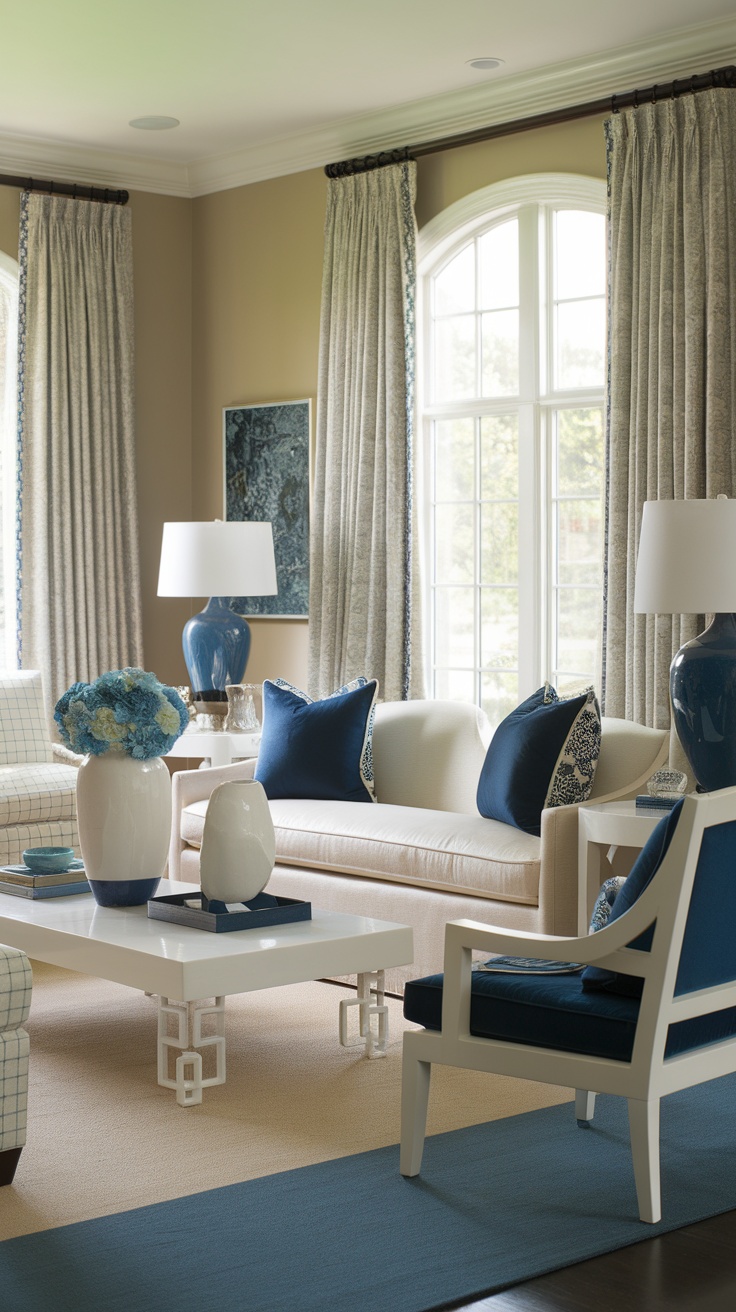 A stylish living room featuring a soft blue wall, wooden furniture, and a colorful area rug.