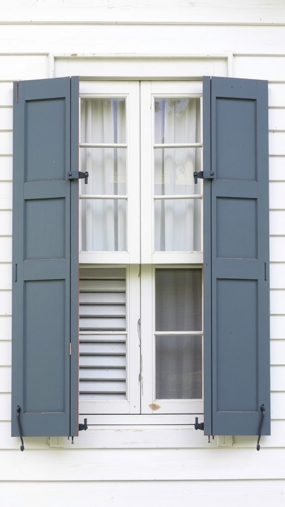 Colonial style window shutters painted in deep blue against white siding
