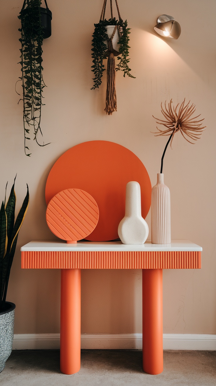 Color-blocked console table with cream and red doors, wooden top, and decorative items.