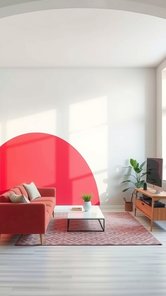 A cozy living room featuring a red accent wall with a circular design, a coral sofa, a coffee table, and a plant.