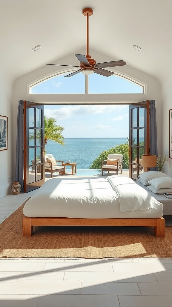 Coastal bedroom with open doors leading to an outdoor seating area and ocean view.