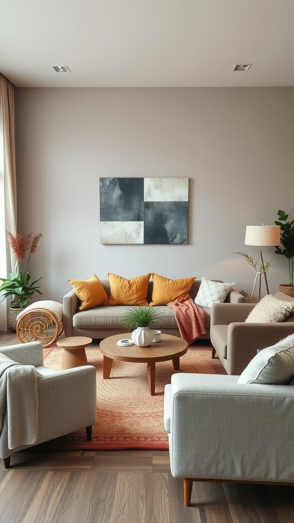 Cozy living room with neutral furniture, warm accent cushions, and plants.