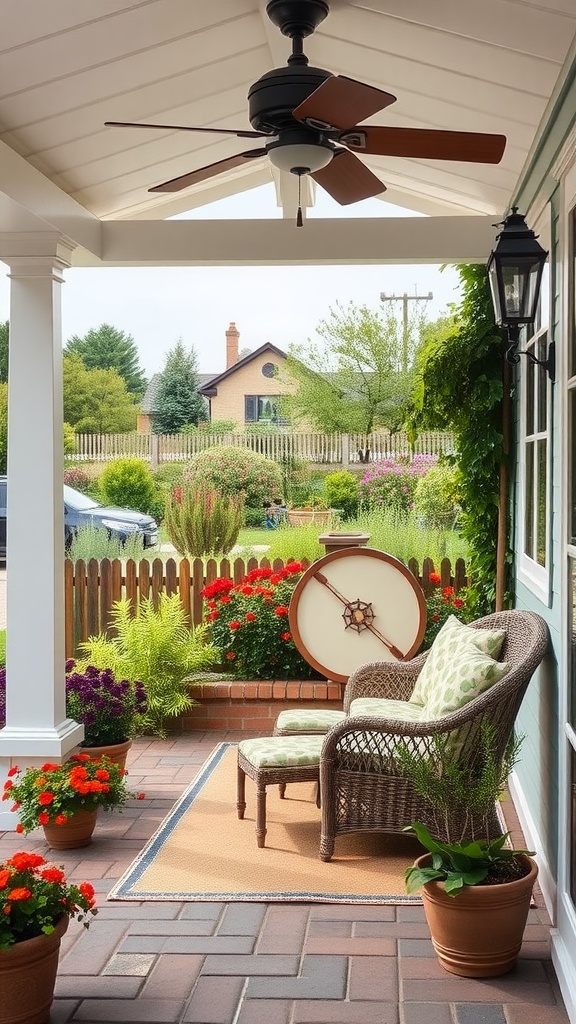 Cozy outdoor seating area with wicker chair, colorful flowers, and a fan on the porch.