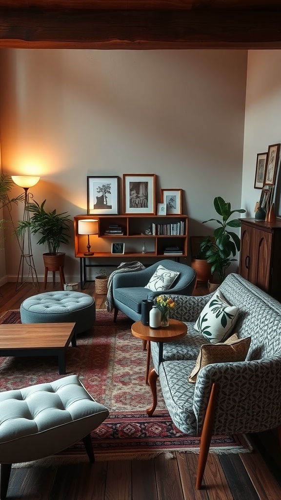 An eclectic living room featuring a mix of seating arrangements, warm lighting, and plants.