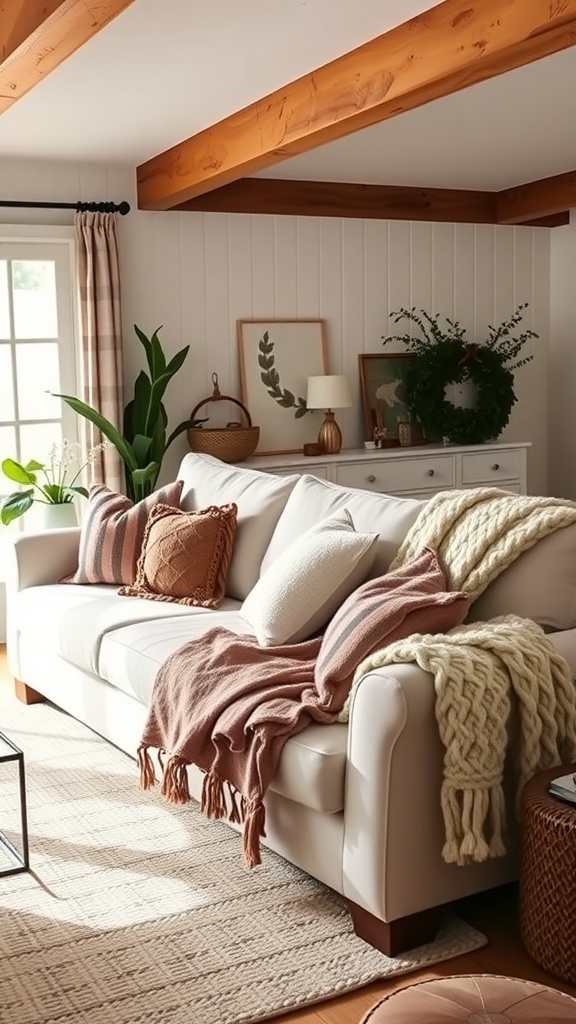 A cozy farmhouse living room with a light sofa, layered throws, and warm decor.