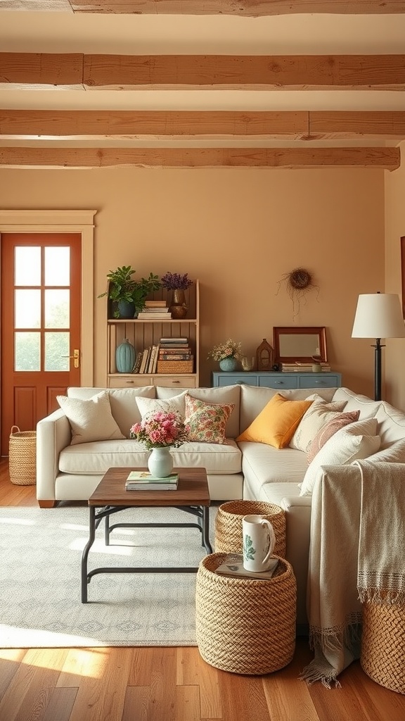 Cozy farmhouse living room with neutral colors, soft fabrics, and natural wood elements.