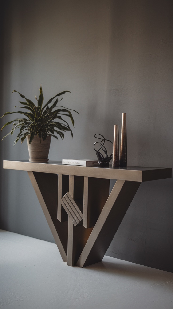 A contemporary console table featuring geometric shapes in light and dark colors with an orange outline, placed against a white wall.