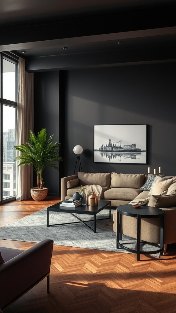 A stylish living room with dark walls and light wood flooring, featuring a beige sofa, black coffee table, and a potted plant.