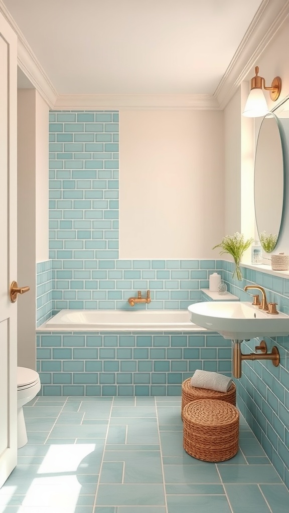 A bathroom featuring aqua tiles and creamy white accents, with natural elements like plants and woven baskets.