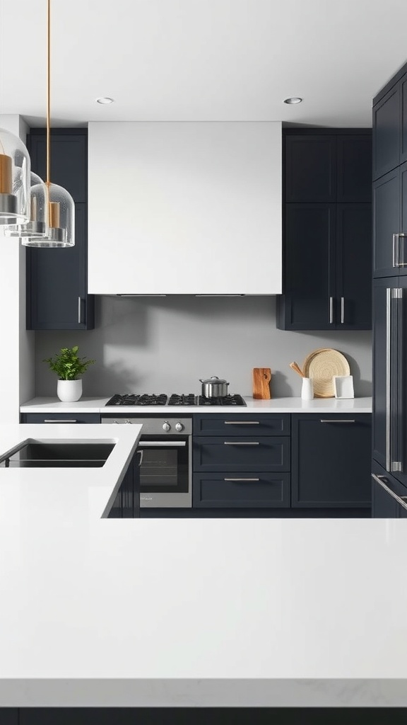 Modern kitchen featuring charcoal cabinets and bright white countertops