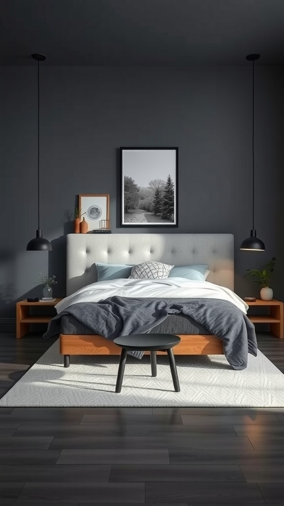 A modern bedroom featuring cool gray and charcoal decor with a bed, nightstands, and stylish lighting.