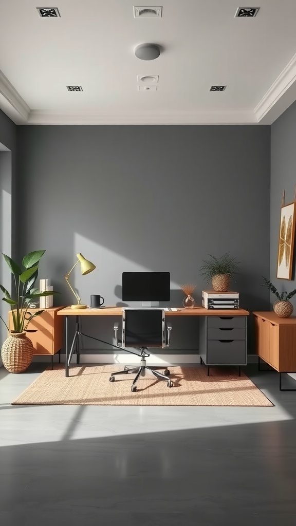 Home office with slate gray walls and warm taupe furniture.