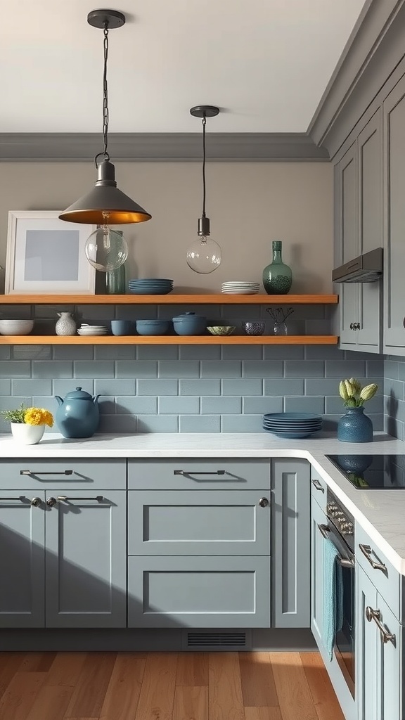 A modern kitchen featuring cool taupe cabinets, slate blue backsplash, and warm wooden accents.