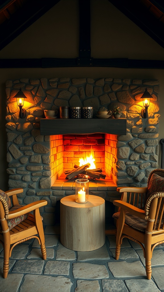 A cozy hearth area featuring a stone fireplace, wooden chairs, and soft lighting.