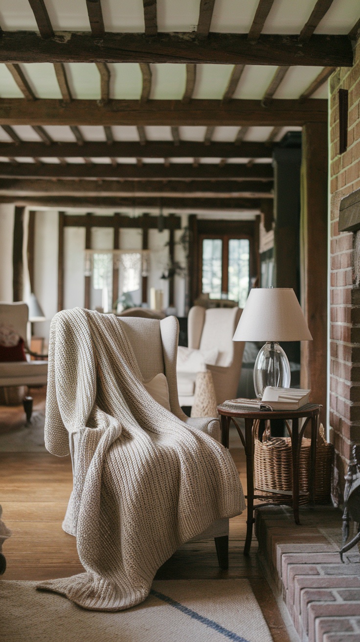 A cozy corner with a burgundy knitted throw draped over a chair, framed art on the wall, and a warm light illuminating the space.