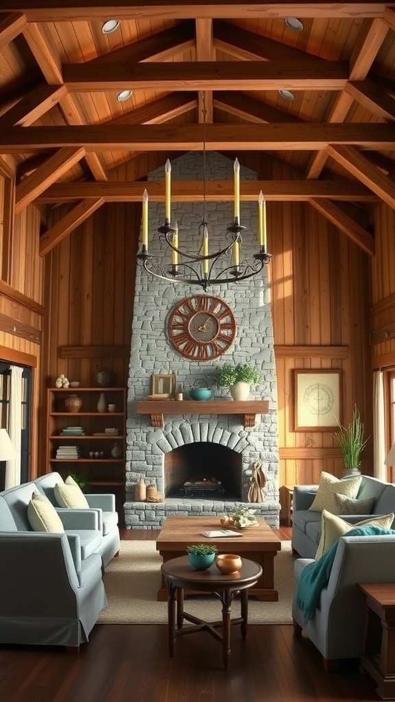 Cozy farmhouse living room with wood accents and a stone fireplace
