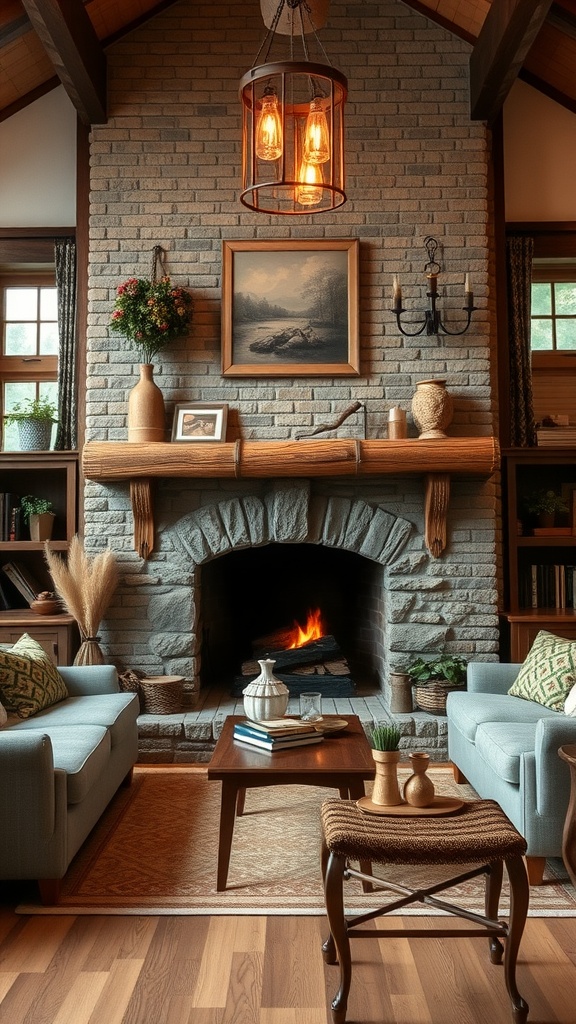 Cozy living room with a stone fireplace, wooden mantel, and soft seating