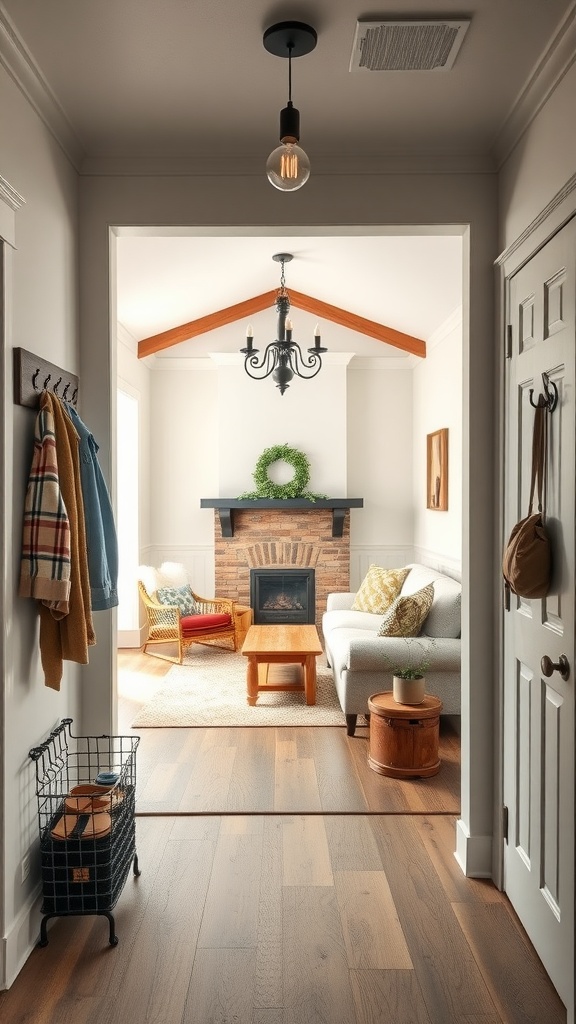 A cozy entryway leading to a farmhouse living room with wooden floors, a chandelier, and a fireplace.