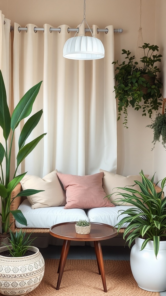 A cozy seating area featuring creamy off-white curtains, a white sofa with pillows in dusty pink and off-white, a wooden coffee table, and various green plants.