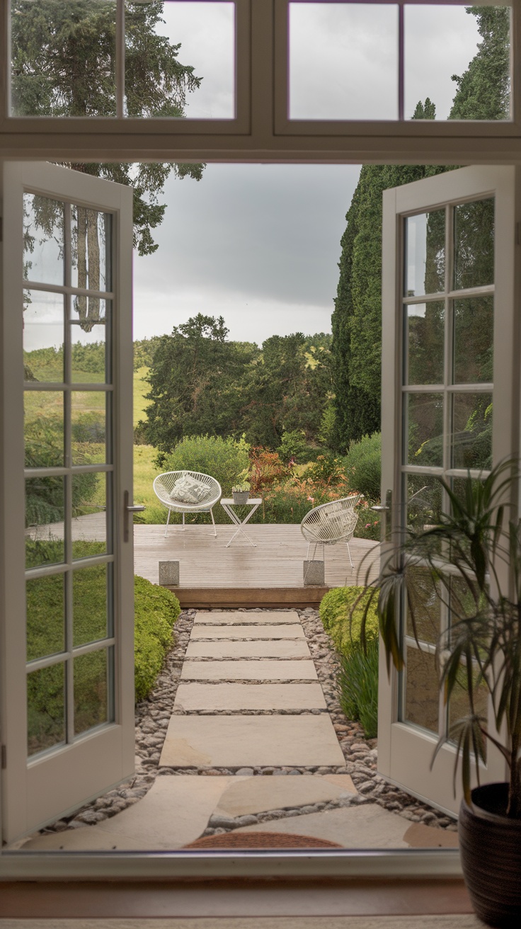 View of a garden through open French doors with a potted plant inside