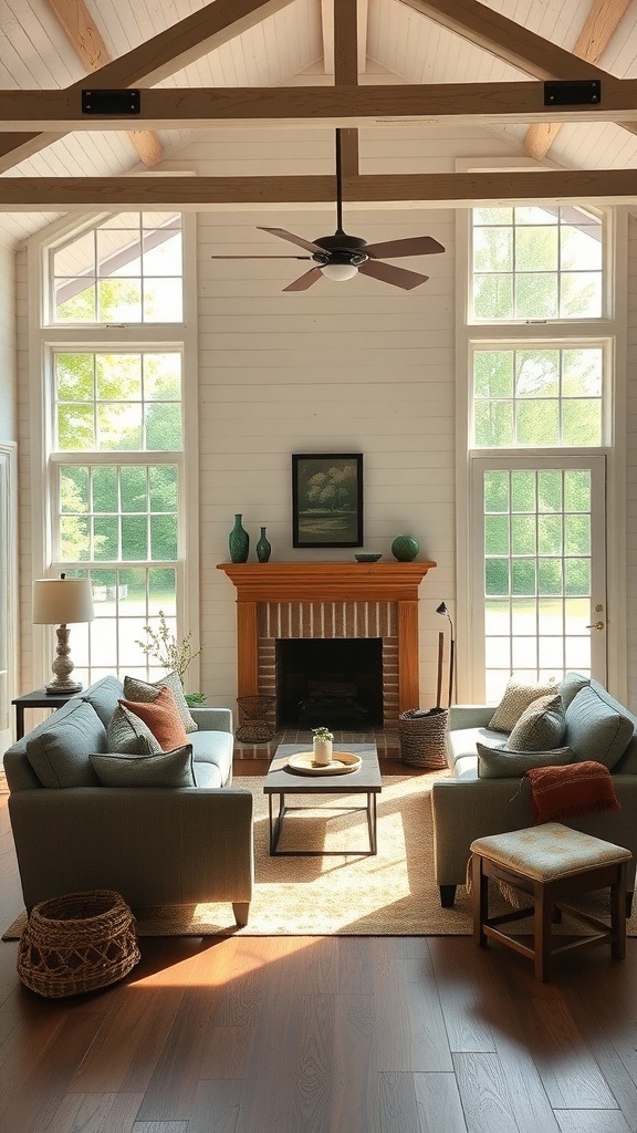 Bright farmhouse living room with large windows and cozy furniture