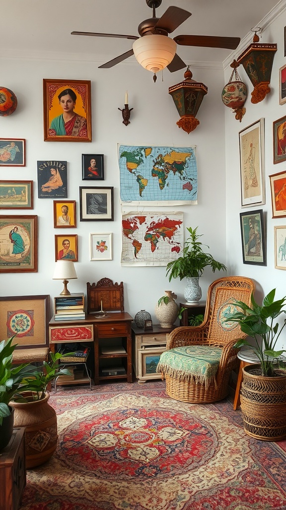 A cozy room filled with cultural artifacts, including framed art, maps, and a woven chair, surrounded by plants.