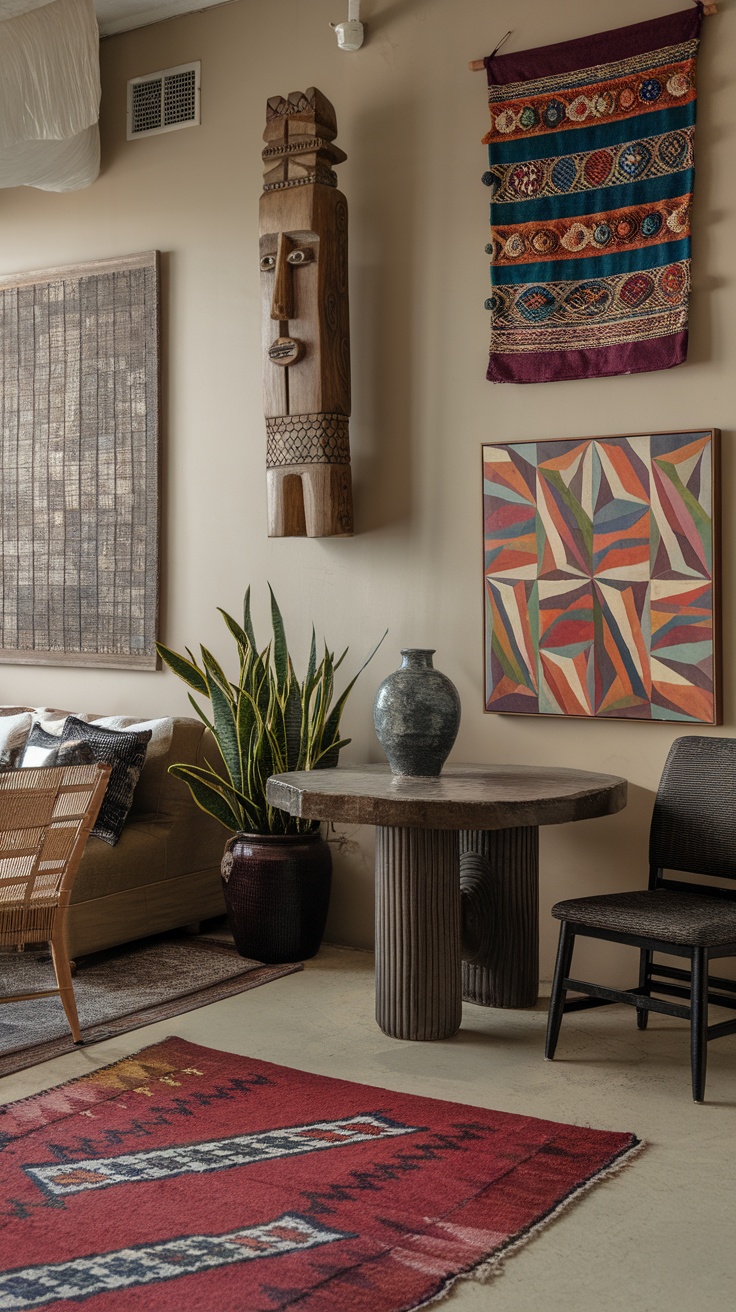 A cozy living room featuring cultural artwork, textiles, and plants