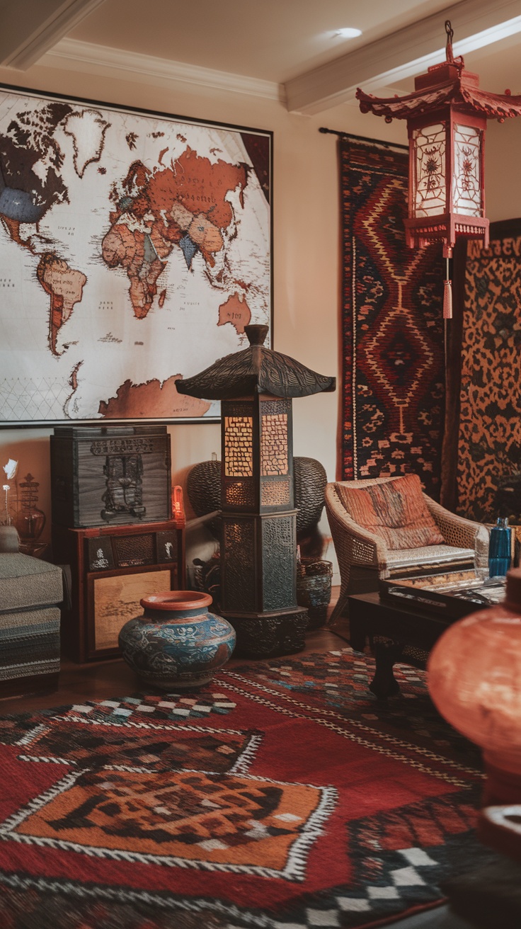 Cozy living room with a large world map, framed artwork, and comfortable seating.