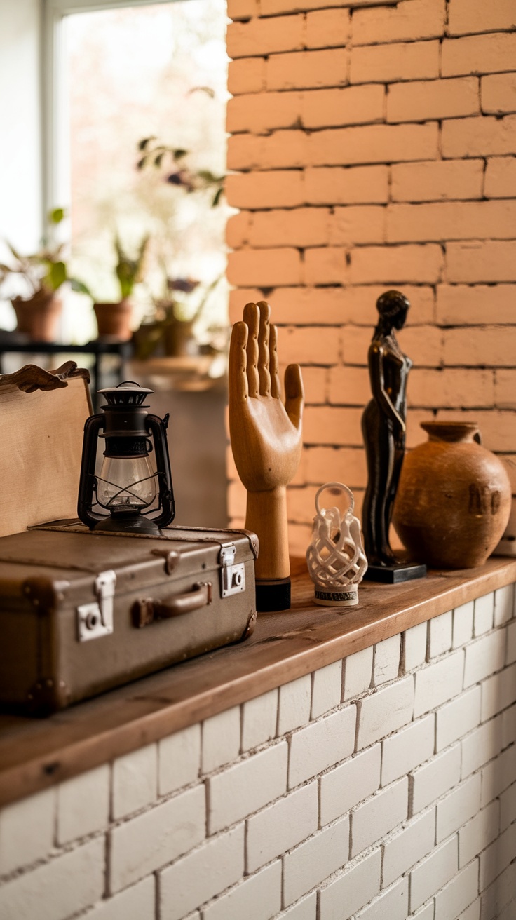 A colorful display of curated vintage items including clocks, paintings, and decorative objects.