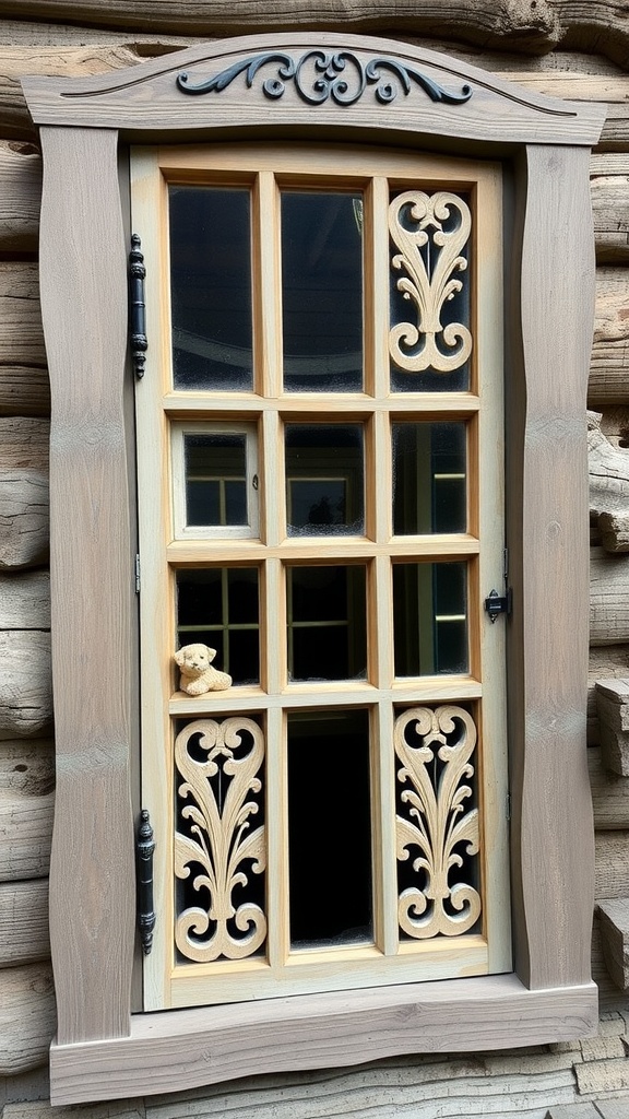 A custom-built window shutter with intricate woodwork and a teddy bear decoration.