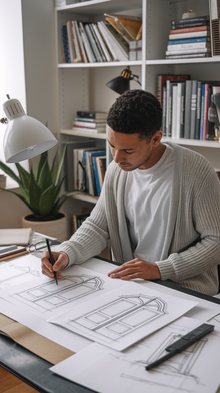 A person drawing French door designs on a sketchpad in a bright room.