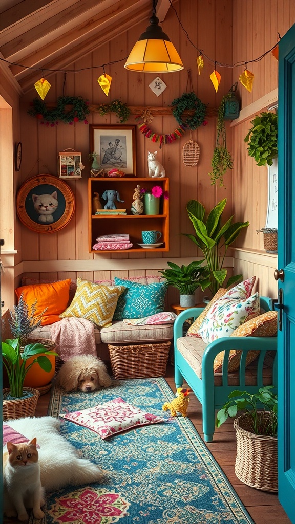 A cozy pet space featuring a dog and a cat lounging in a colorful, well-decorated room.