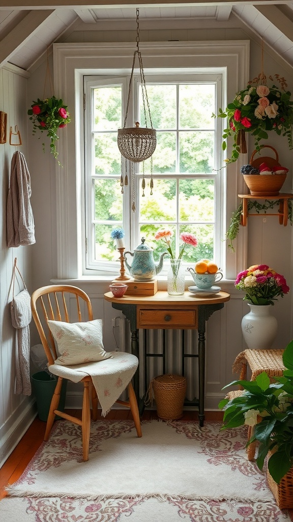A cozy tea corner with a wooden table, teapot, colorful fruits, and plants near a window.