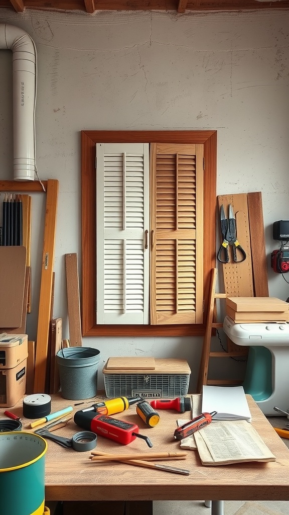A workshop with tools and materials for DIY window shutters, featuring a pair of wooden shutters on the wall.