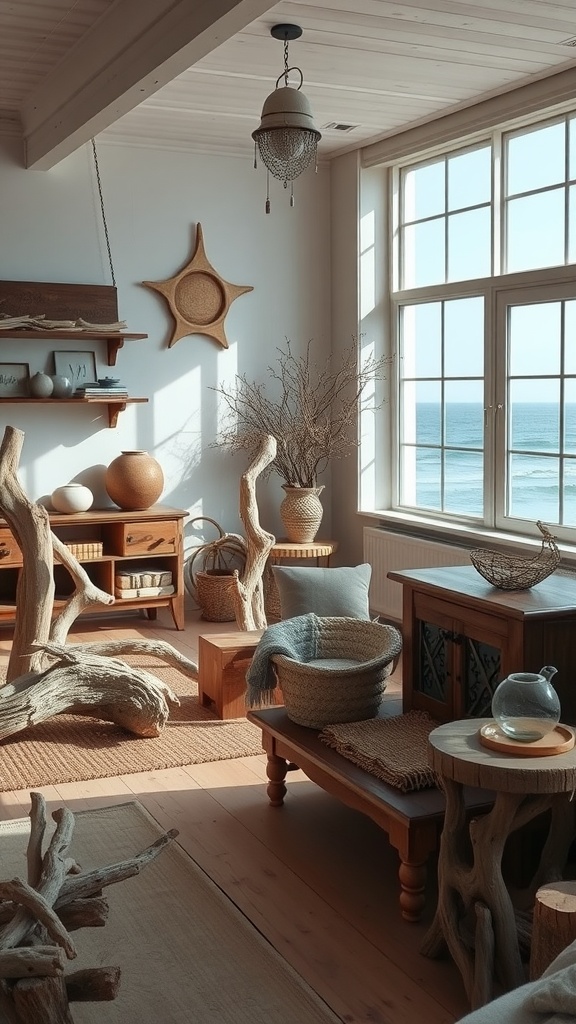 A coastal bedroom interior featuring driftwood-inspired furniture, natural light, and ocean views.