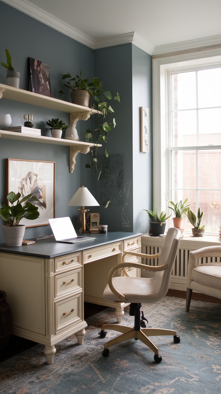 Cozy office featuring dusty blue walls, cream furniture, and greenery