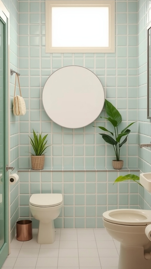 A bathroom featuring dusty mint tiles, light beige accents, a round mirror, and green plants.