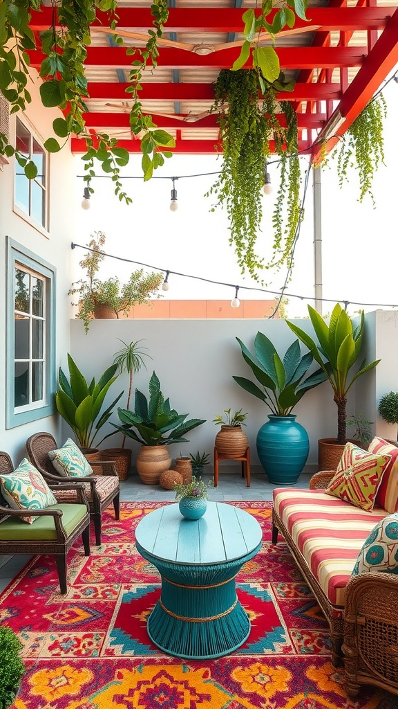 A colorful outdoor patio with a red pergola, vibrant plants, and patterned rugs