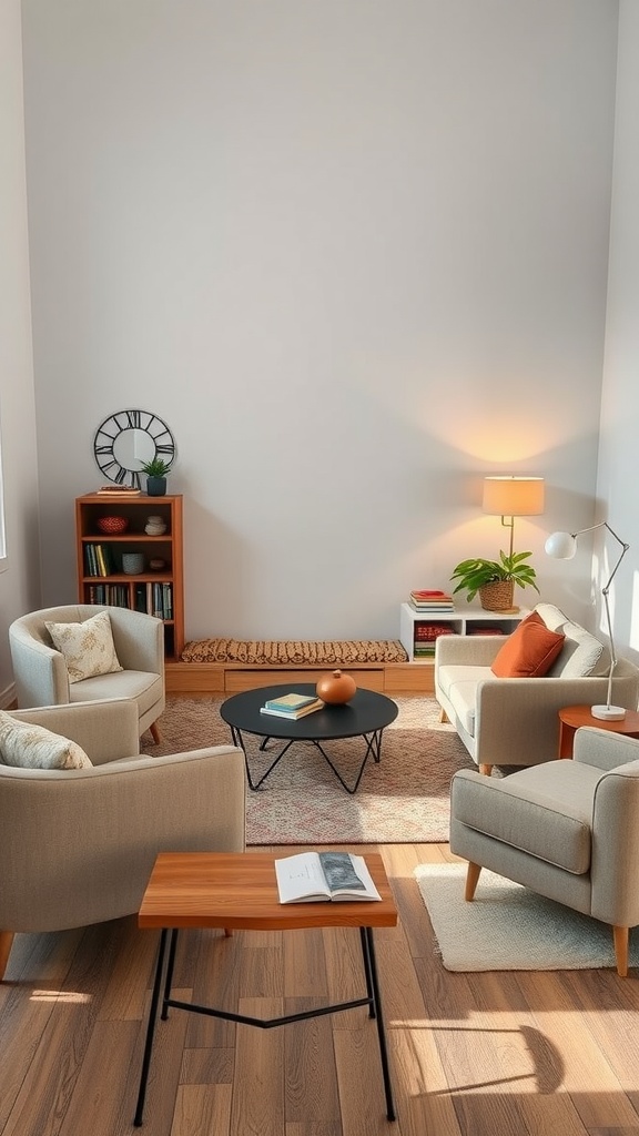A cozy living room with two armchairs, a round table, and a bookshelf, featuring a warm and inviting layout.