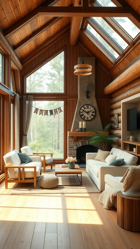 Cozy living room with earthy brown wooden beams and light cream furniture, featuring large windows and a fireplace.