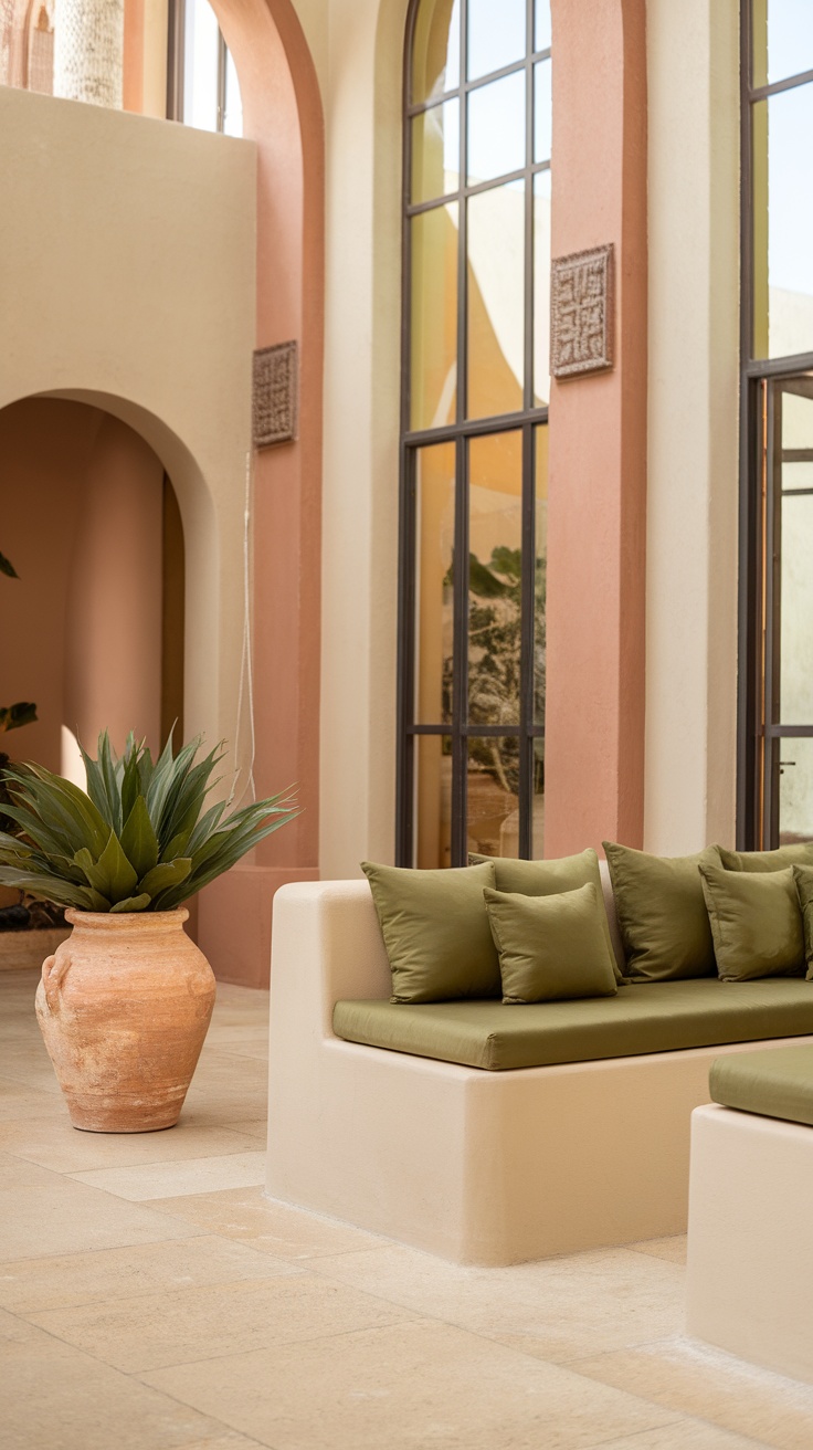 A cozy living room with terracotta walls, soft furnishings, and natural decor elements.