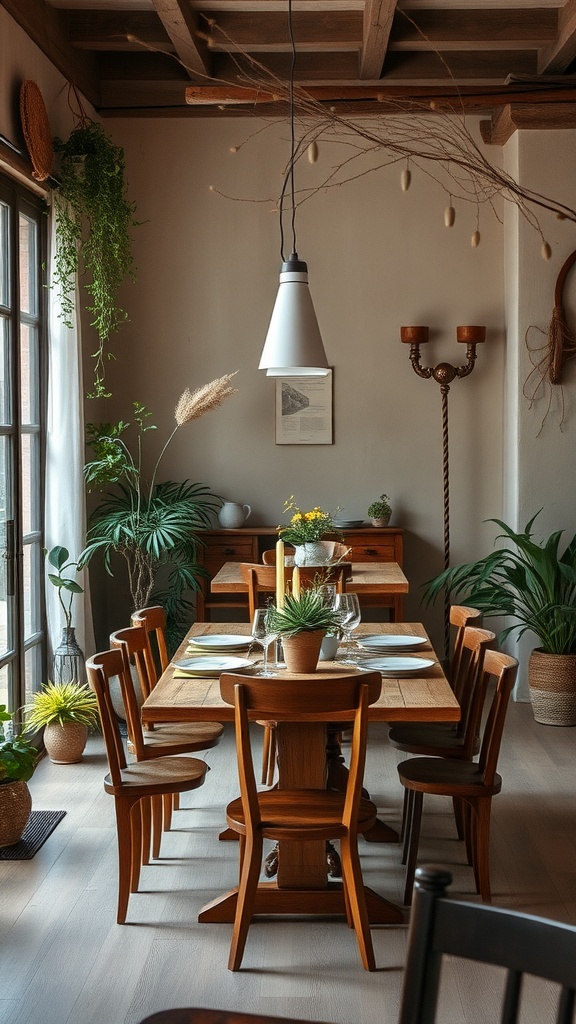 A cozy dining area with earthy taupe walls and olive green plants, featuring a wooden table and chairs.