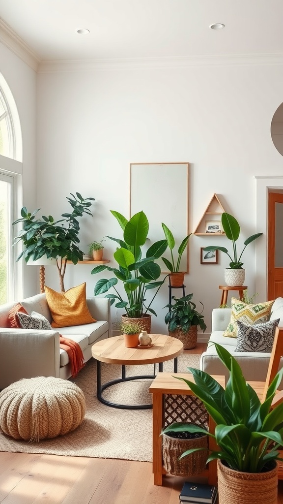 A cozy living room featuring earthy tones and various plants, with comfortable seating and a wooden coffee table.