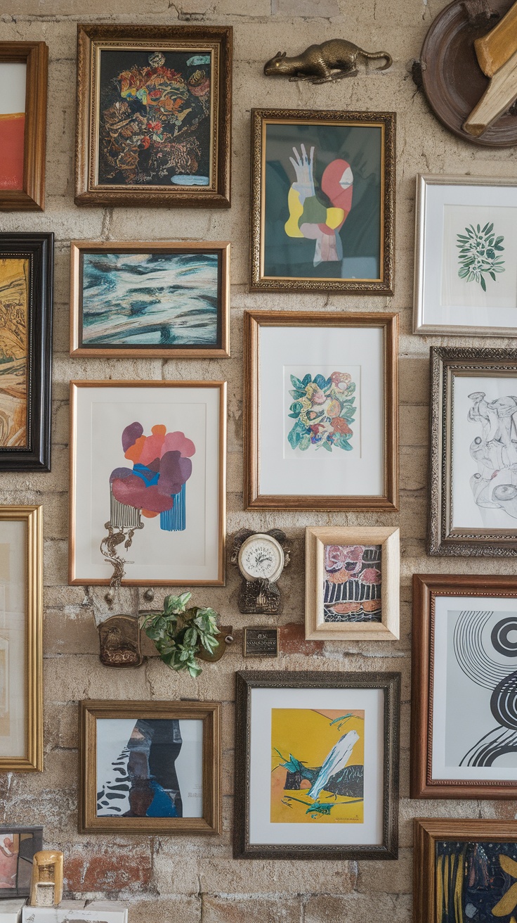 A wall filled with an eclectic art display featuring various framed artworks in different styles and colors.